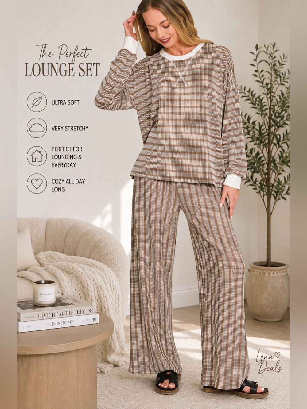 Zenana Raised Rib Striped Pullover & Wide Leg Pants Set Women’s Mocha Color